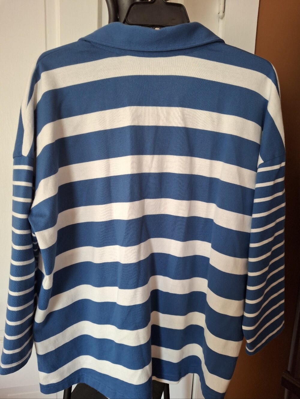 L.L. Bean Women's Blue and White Striped V-Neck Rugby Top - Picture 2 of 3